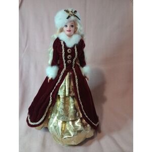1996 Happy Holidays Barbie Special Edition Doll Burgundy Gold Gown w Stand